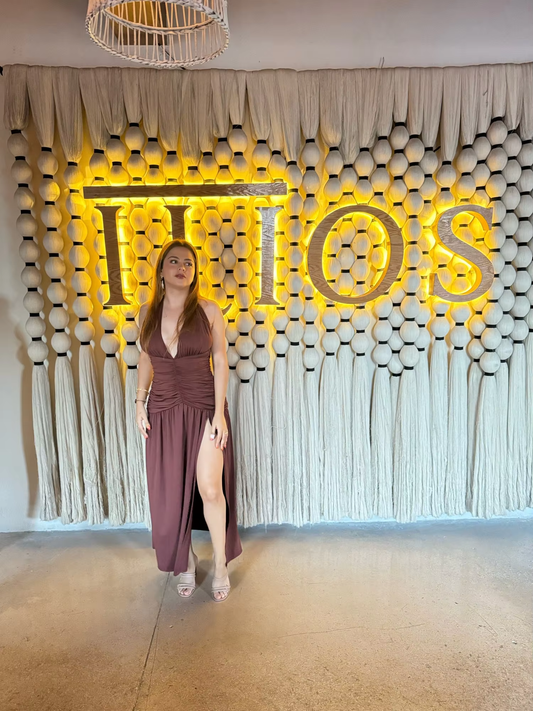 Sexy Halter Backless Brown A Line Slit Prom Dress ,Deep V Evening Dress Y8481