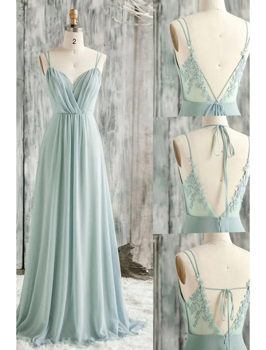 A-Line Bridesmaid Dress V Neck / Spaghetti Strap Sleeveless Sexy Floor Length Chiffon / Lace