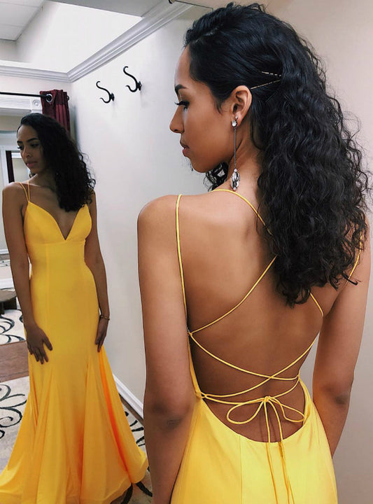 LTP0694,Yellow prom dress spaghetti straps evening dresses mermaid satin party dress