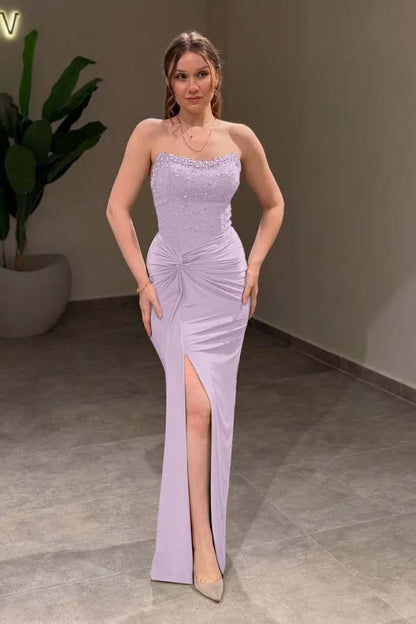 Charming Green Strapless Split Mermaid Prom Dress Pleated with Beading - liymcdress