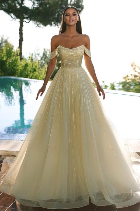 Yellow A Line Strapless Off-the-Shoulder Prom Dress with Sequins - liymcdress