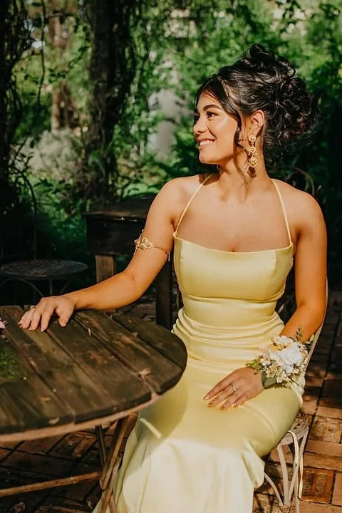 Yellow Sleevelesss Spaghetti Straps Square Mermaid Prom Dress - liymcdress