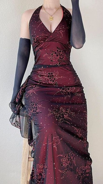 2000S' Formal Dresses Red Black Halter Prom Dress Lace Sheath Party Gown,LTP4140