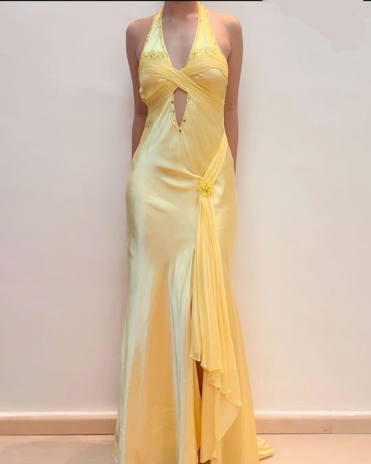 Gorgeous Mermaid Satin Yellow Long Prom Dresses Elegant Dress for Event