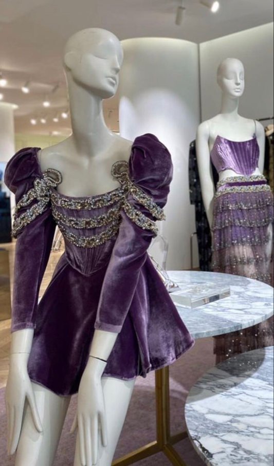 Vintage Purple Velvet Beaded A Line Homecoming Dress Birthday Dress Y8814