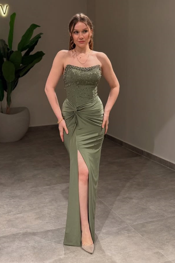 Charming Green Strapless Split Mermaid Prom Dress Pleated with Beading - liymcdress