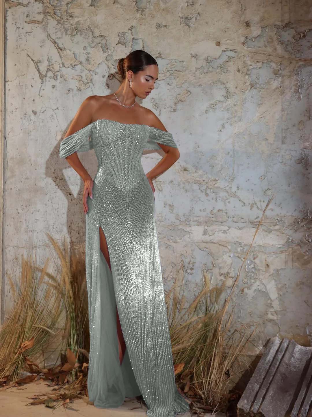 Purple Strapless Off-the-Shoulder Sheath Prom Dress with Sequins Train - liymcdress