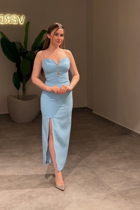 Gorgeous Baby Blue Keyhole Spaghetti Strap Prom Dress A Line with Split - liymcdress