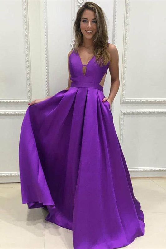Purple V Neck Sleeveless A-Line Prom Dress with Pockets - liymcdress