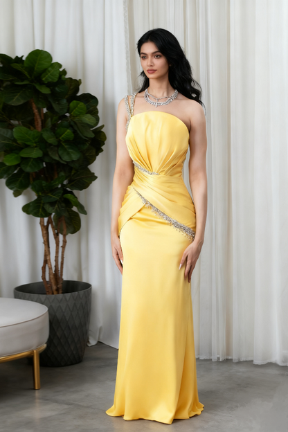 Gold One Shoulder Spaghetti Strap Prom Dress with Beading - liymcdress