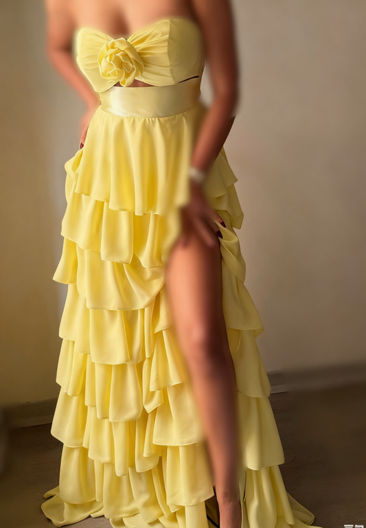 Yellow Strapless Sweetheart A-Line Prom Dress with Ruffles - liymcdress