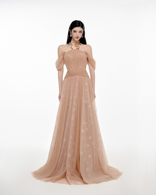 Light Gold Off-the-Shoulder Pleated A Line Prom Dress with Rhinestone - liymcdress