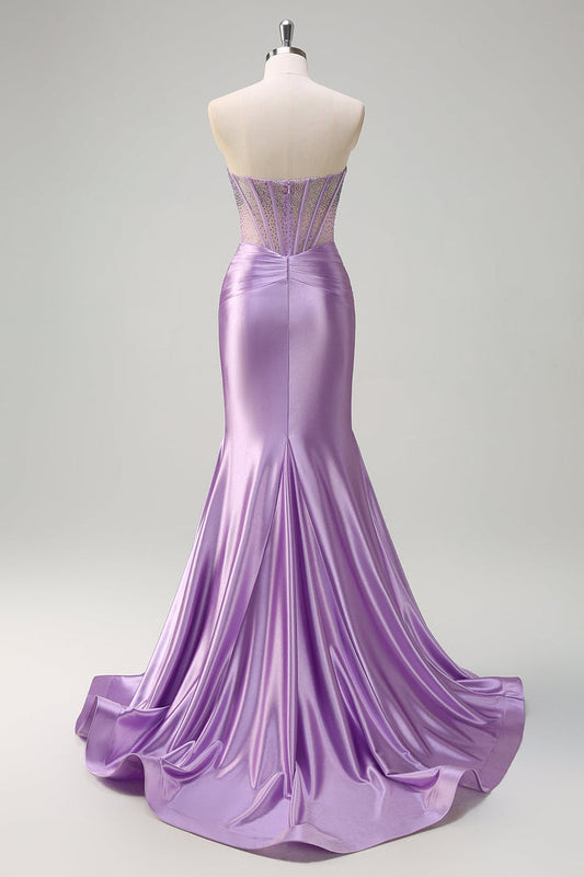 Elegant Purple Strapless Patchwork Mermaid Prom Dress with Beaded - liymcdress