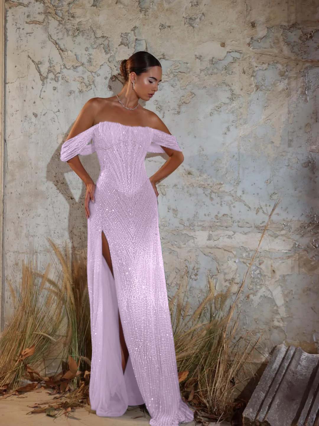 Purple Strapless Off-the-Shoulder Sheath Prom Dress with Sequins Train - liymcdress