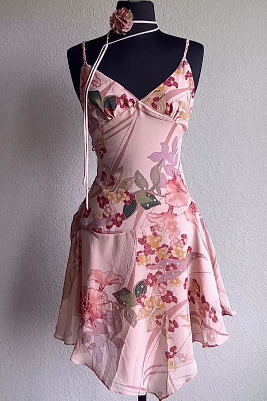 Pretty Pink Spaghetti Straps Chiffon Printed Floral Short Homecoming Dress Birthday Dress SP97