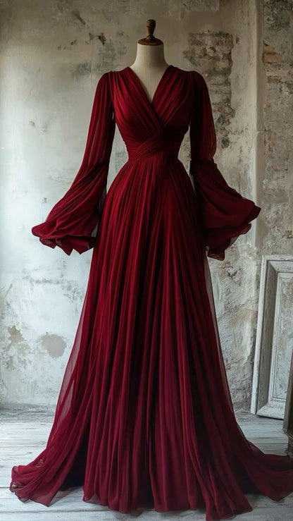 Modest V Neck A-Line Burgundy Chiffon Vintage Long Evening Party Dresses    fg7691