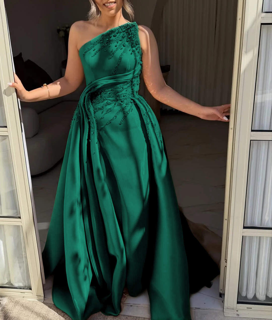 Light Gold One Shoulder Sleeveless A Line Prom Dress Pleated with Rhinestone - liymcdress