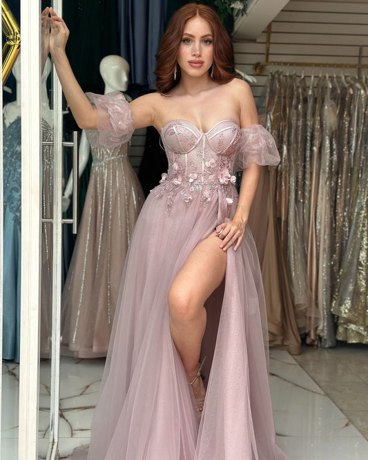 Pink Strapless Sleeveless Embroidery A-Line Prom Dress - liymcdress