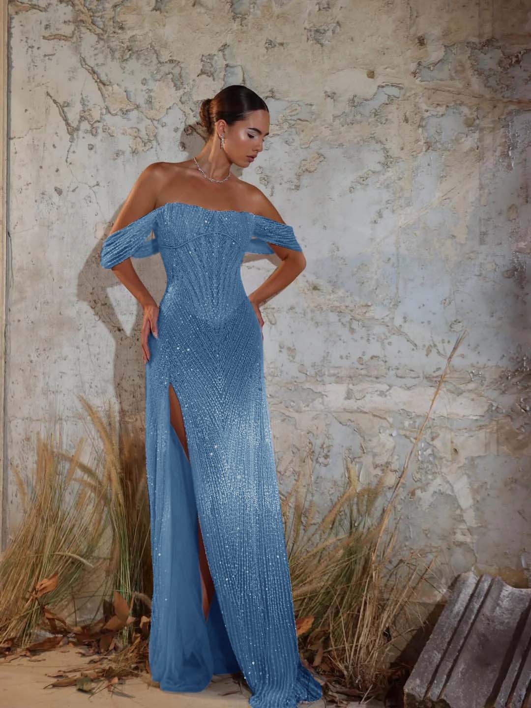 Purple Strapless Off-the-Shoulder Sheath Prom Dress with Sequins Train - liymcdress