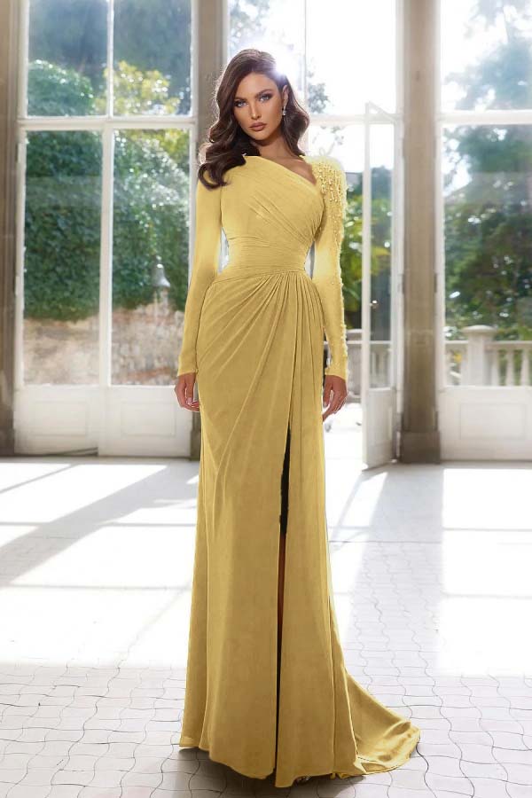 Elegant Long Sleeve Yellow Prom Dress Asymmetric Pleated Slit - liymcdress