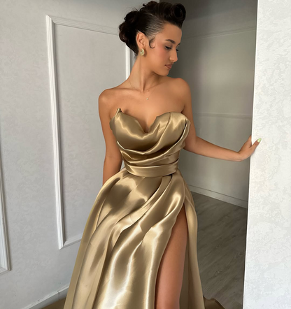 Glamorous Gold Strapless Sweetheart Prom Dress with Split - liymcdress