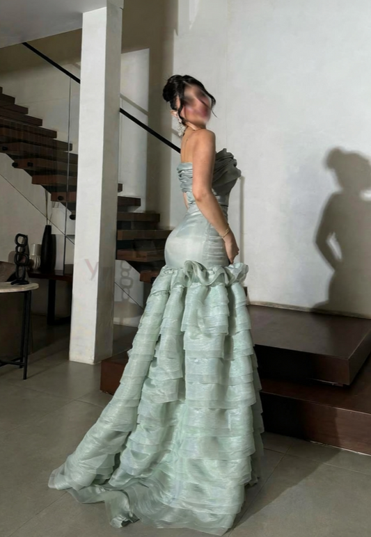 Green Strapless Mermaid Prom Dress Pleated with Ruffles - liymcdress