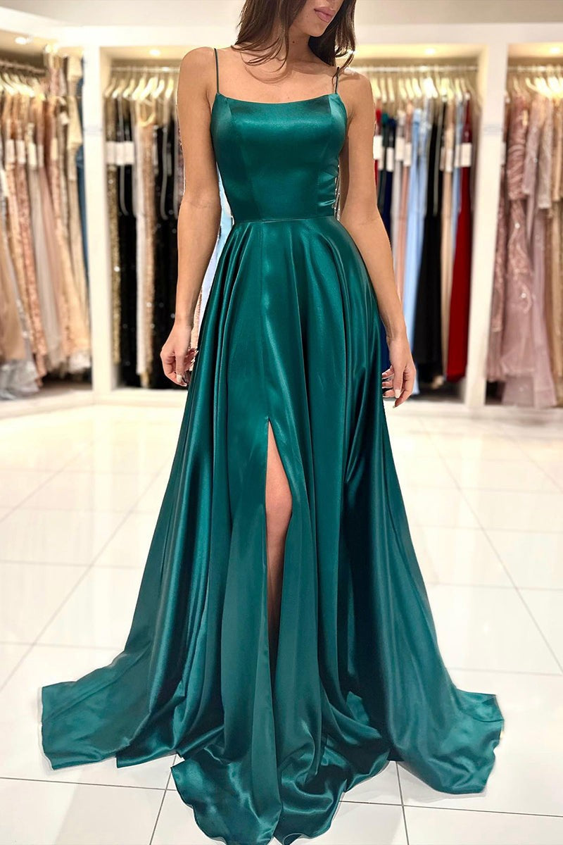 Green Spaghetti Strap Square Prom Dress A-Line High Split with Pleated
