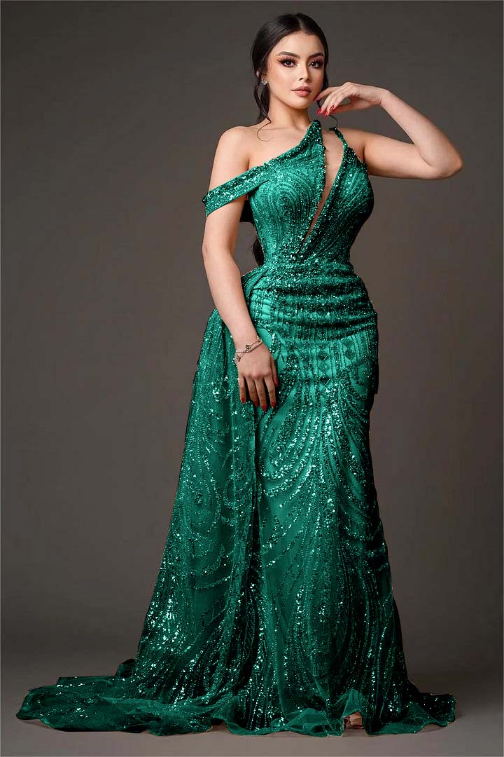 Light Gold One Shoulder Sheath Prom Dress Off-the-Shoulder with Sequins - liymcdress