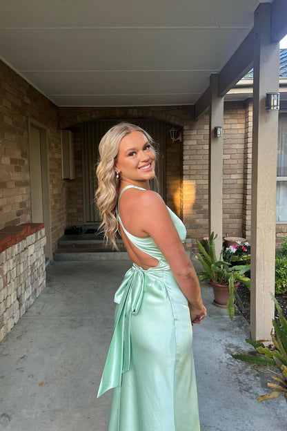 V Neck Yellow Satin Bow Back Party Dress Gala Dresses Elegant