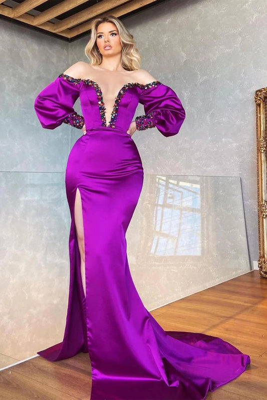 Purple Deep V-Neck Mermaid Beaded Prom Dress Split with Long Sleeve - liymcdress