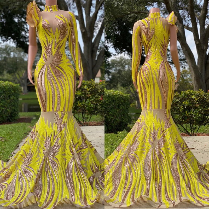 Chic Yellow One Shoulder Asymmetric Prom Dress Mermaid with Applique