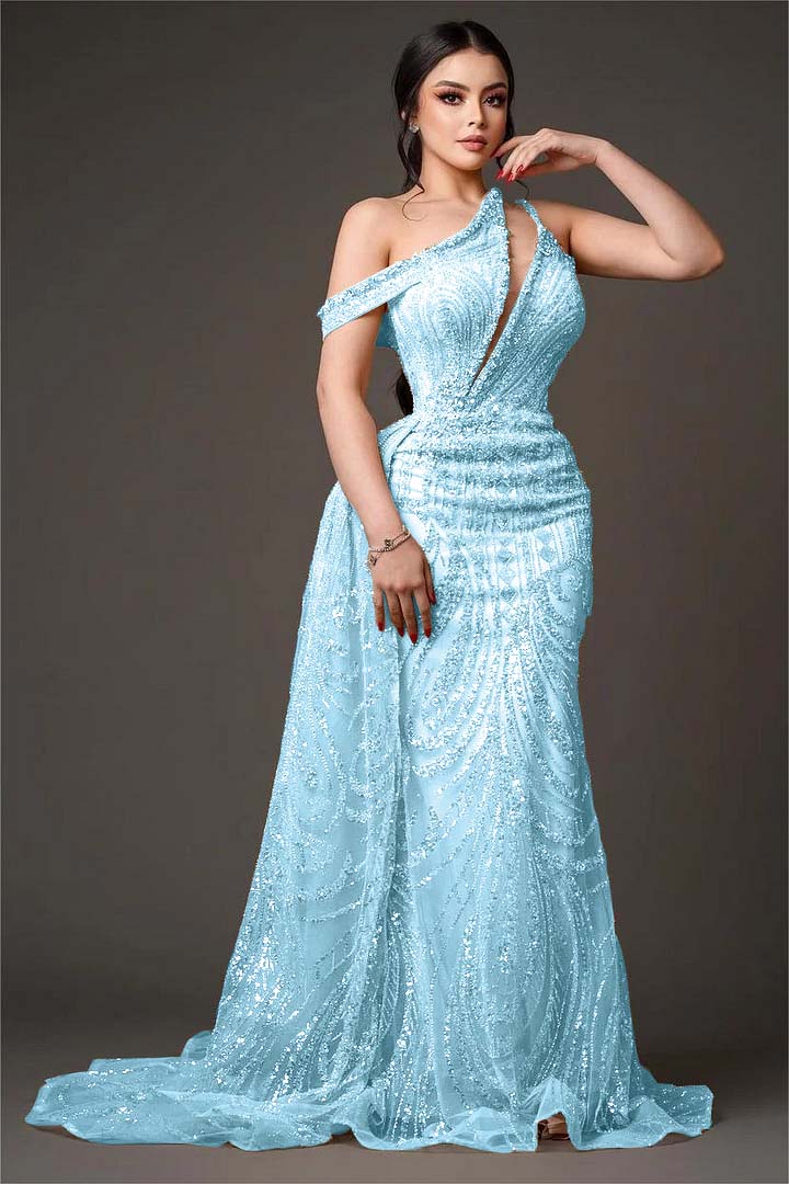 Light Gold One Shoulder Sheath Prom Dress Off-the-Shoulder with Sequins - liymcdress