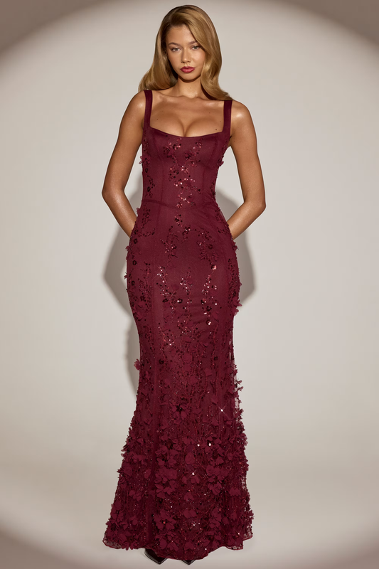 Glitter Burgundy Spaghetti Strap Mermaid Prom Dress with Sequins - liymcdress