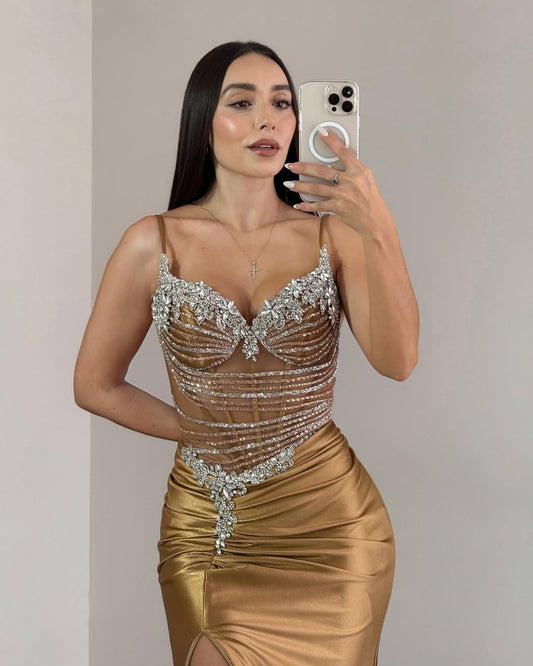 Gold Spaghetti Strap V-Neck Mermaid Prom Dress with Beadings - liymcdress