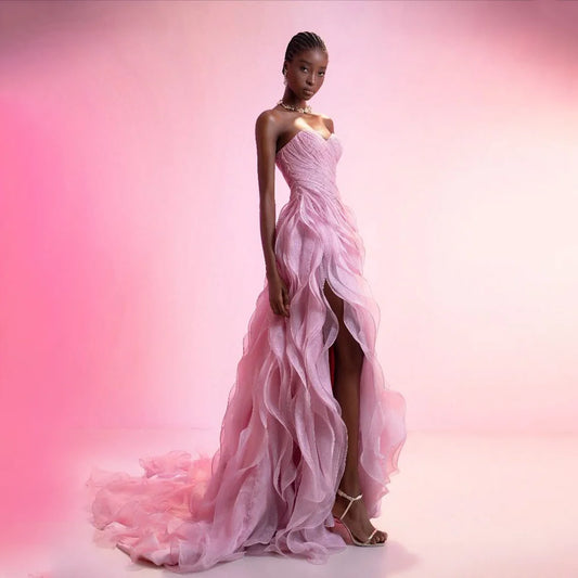 Elegant Pink Strapless Sweetheart Prom Dress Pleated with Split - liymcdress