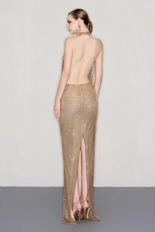 Light Gold Halter V Neck Pleated Mermaid Prom Dress with Split - liymcdress