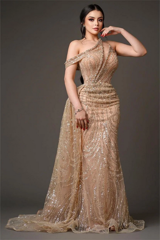 Light Gold One Shoulder Sheath Prom Dress Off-the-Shoulder with Sequins - liymcdress