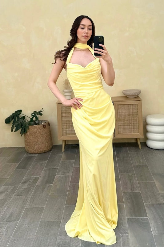 Lively Yellow Halter Strap Prom Dress Floor Length Mermaid  with pleated - liymcdress