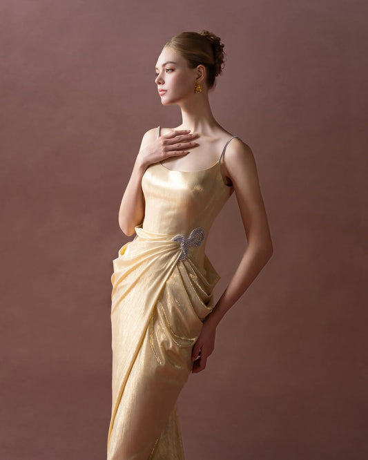 Glamorous Gold Spaghetti Strap Square Prom Dress Pleated with Split - liymcdress