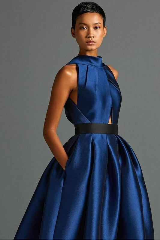 Exquisite Royal Blue Satin Halter Strapless Sleeveless A Line Prom Dress with Pleated | Liymcdress