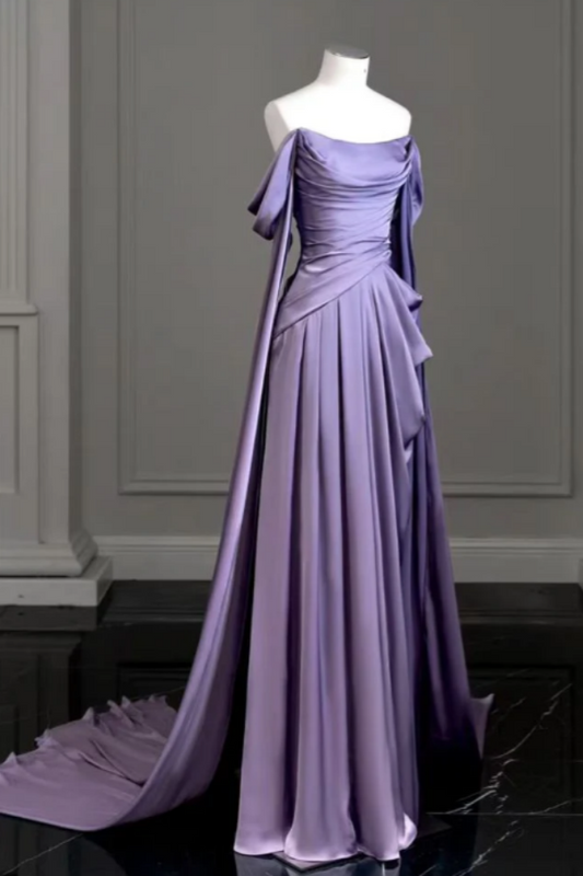 Gorgeous Purple Off-The-Shoulder Pleated Long Draped Prom Dress