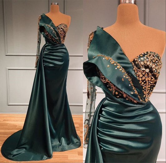 Dark Green One Shoulder Long Sleeve Mermaid Prom Dress Pleated with Applique