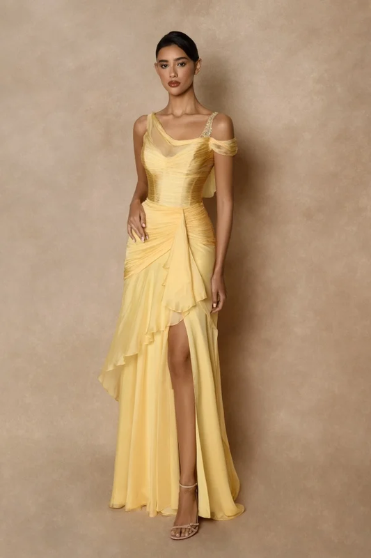 Gold Spaghetti Strap Split Sheath Prom Dress with Pleats - liymcdress