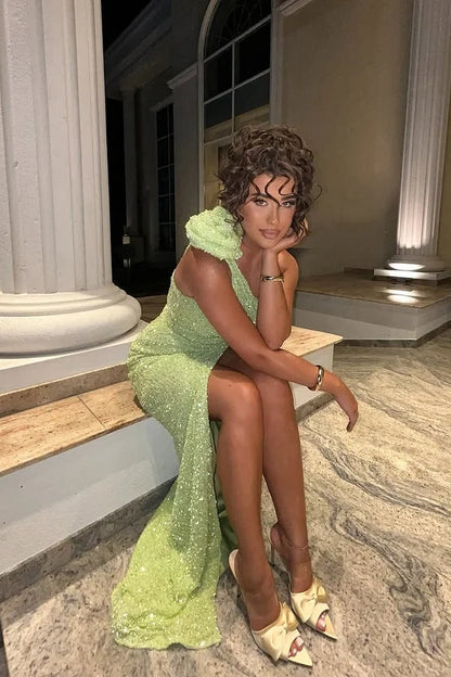 Green Sleeveless Asymmetric Sequins Beadeds Handmade Flower Prom Dress - liymcdress