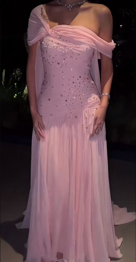 Pretty Pink Chiffon Beaded Mermaid Long Wedding Guest Dress Formal Evening Dress Birthday Dress SP1293