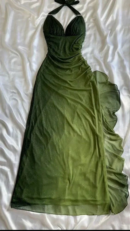 Shiny Green Gradient Long Chiffon Ball Gown Prom Dress Celebrity Dresses