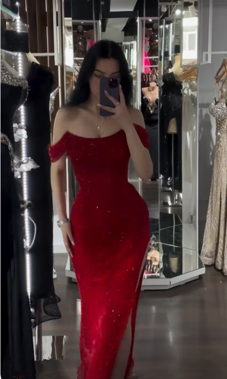 Shiny Off Shoulder Sequins Red Prom Dress Evening Dress With Side Slit  Y7805