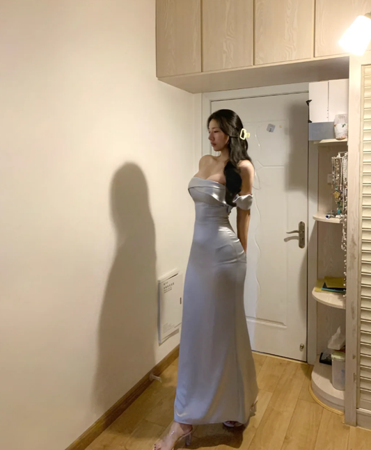 Stylish Strapless Silver Gray Satin Mermaid Bridesmaid Dress Long Party Gown SP296