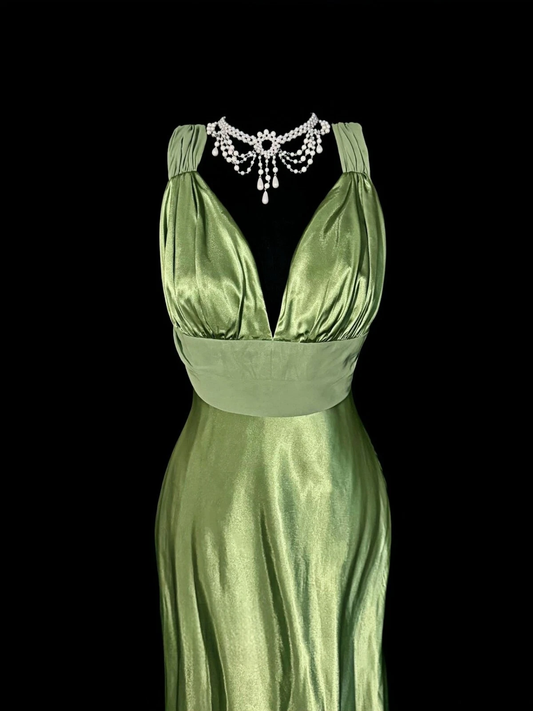 Gorgeous Temperament Green Prom Dress Satin V-Neck Backless Pleated Evening Dress Y8767