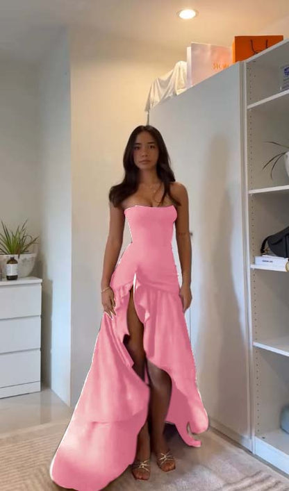 Purple Strapless Sleeveless Split A Line Prom Dress with Ruffles - liymcdress